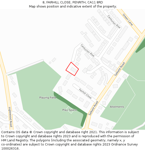 8, FAIRHILL CLOSE, PENRITH, CA11 8RD: Location map and indicative extent of plot