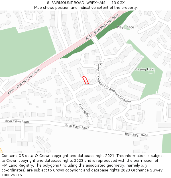8, FAIRMOUNT ROAD, WREXHAM, LL13 9GX: Location map and indicative extent of plot