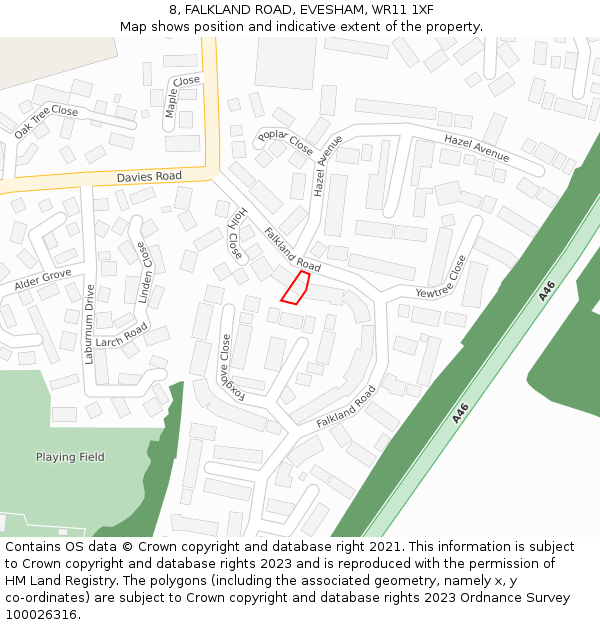 8, FALKLAND ROAD, EVESHAM, WR11 1XF: Location map and indicative extent of plot
