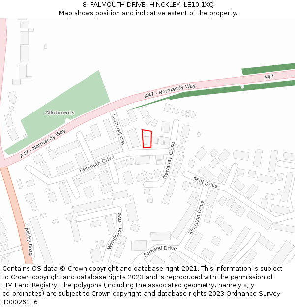 8, FALMOUTH DRIVE, HINCKLEY, LE10 1XQ: Location map and indicative extent of plot