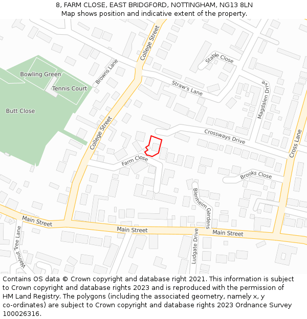 8, FARM CLOSE, EAST BRIDGFORD, NOTTINGHAM, NG13 8LN: Location map and indicative extent of plot