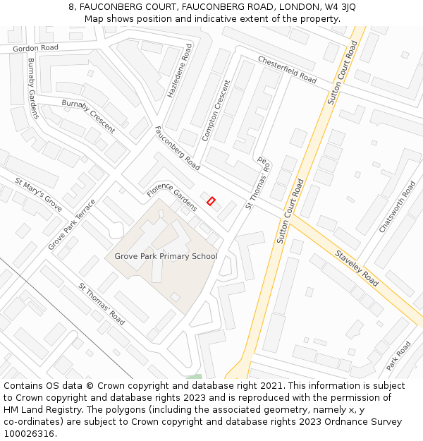 8, FAUCONBERG COURT, FAUCONBERG ROAD, LONDON, W4 3JQ: Location map and indicative extent of plot