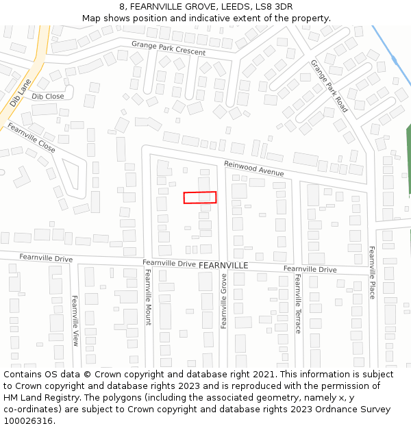 8, FEARNVILLE GROVE, LEEDS, LS8 3DR: Location map and indicative extent of plot