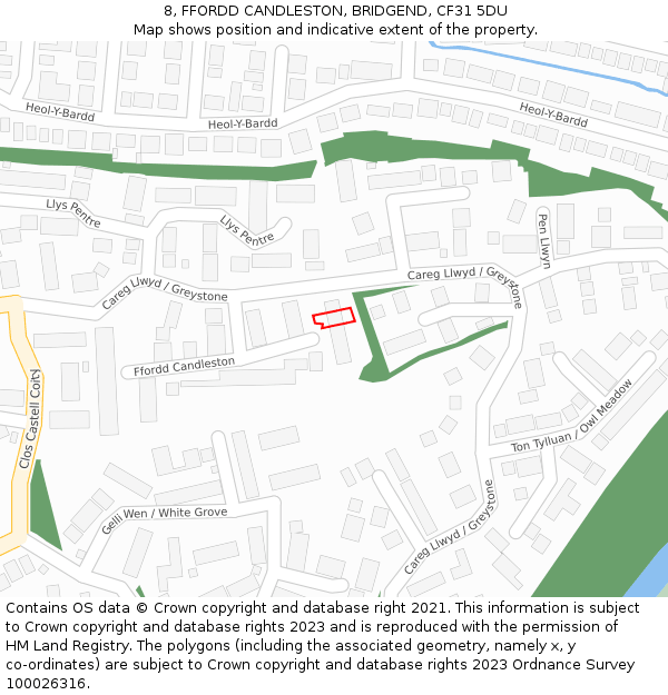 8, FFORDD CANDLESTON, BRIDGEND, CF31 5DU: Location map and indicative extent of plot