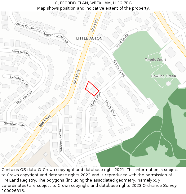 8, FFORDD ELAN, WREXHAM, LL12 7RG: Location map and indicative extent of plot