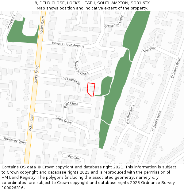 8, FIELD CLOSE, LOCKS HEATH, SOUTHAMPTON, SO31 6TX: Location map and indicative extent of plot