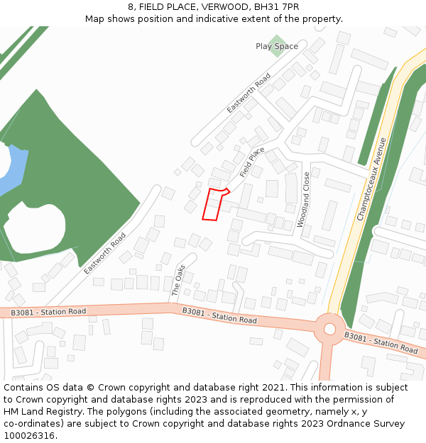 8, FIELD PLACE, VERWOOD, BH31 7PR: Location map and indicative extent of plot