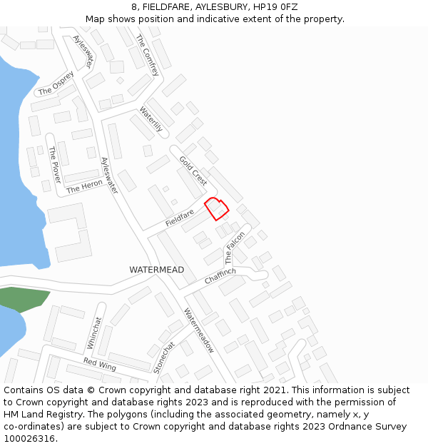 8, FIELDFARE, AYLESBURY, HP19 0FZ: Location map and indicative extent of plot