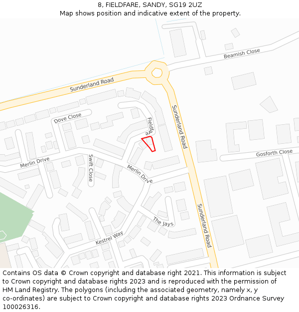 8, FIELDFARE, SANDY, SG19 2UZ: Location map and indicative extent of plot
