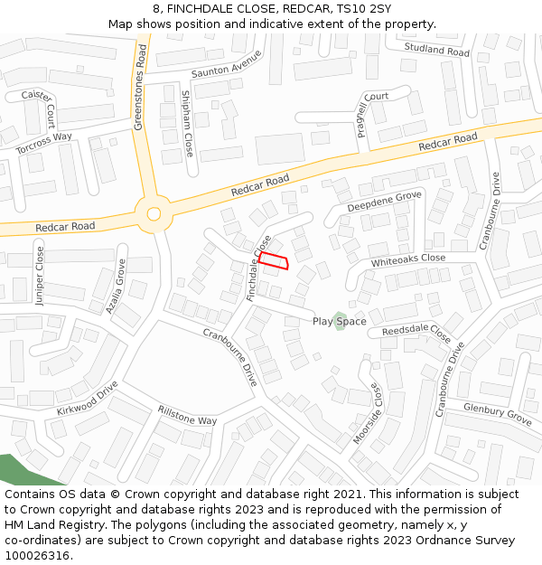 8, FINCHDALE CLOSE, REDCAR, TS10 2SY: Location map and indicative extent of plot