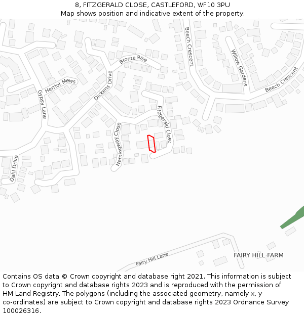 8, FITZGERALD CLOSE, CASTLEFORD, WF10 3PU: Location map and indicative extent of plot