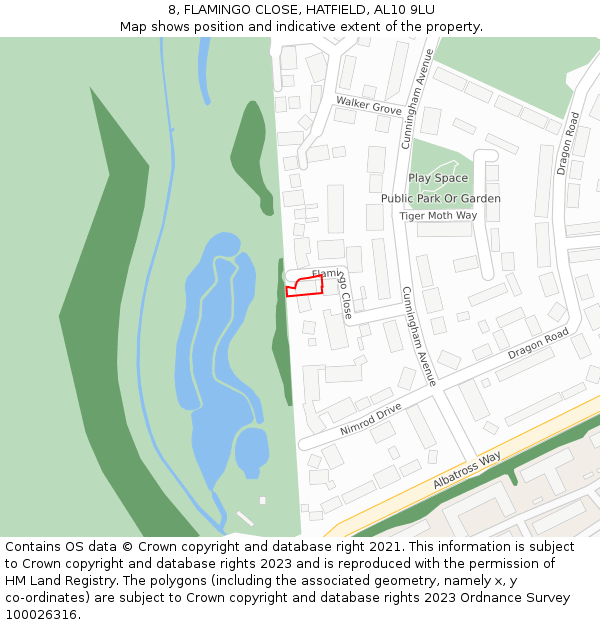 8, FLAMINGO CLOSE, HATFIELD, AL10 9LU: Location map and indicative extent of plot