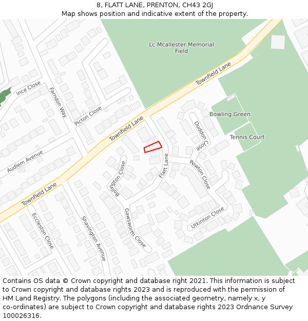 8, FLATT LANE, PRENTON, CH43 2GJ: Location map and indicative extent of plot