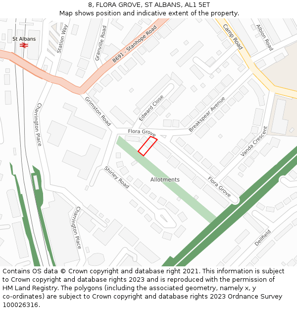 8, FLORA GROVE, ST ALBANS, AL1 5ET: Location map and indicative extent of plot