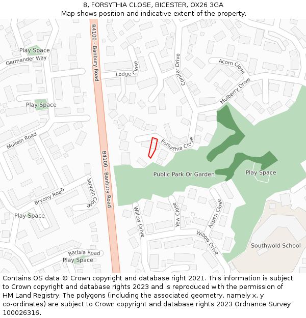 8, FORSYTHIA CLOSE, BICESTER, OX26 3GA: Location map and indicative extent of plot