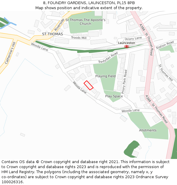 8, FOUNDRY GARDENS, LAUNCESTON, PL15 8PB: Location map and indicative extent of plot