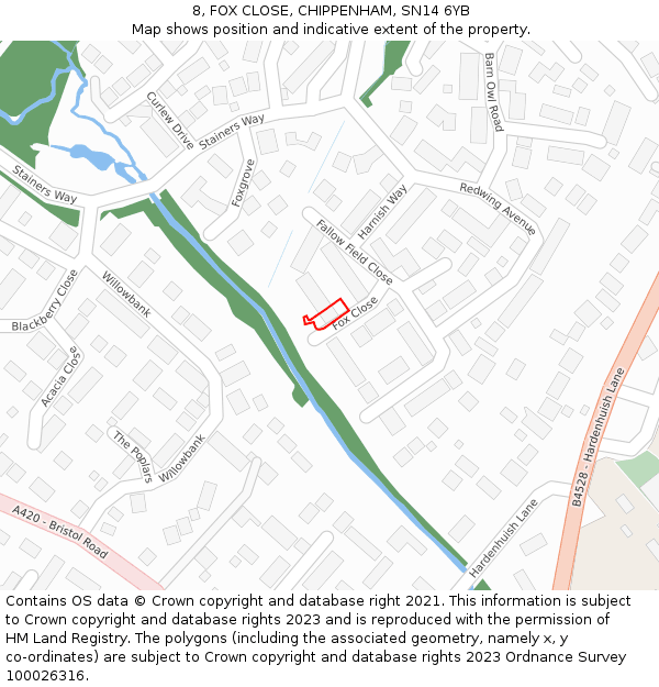 8, FOX CLOSE, CHIPPENHAM, SN14 6YB: Location map and indicative extent of plot