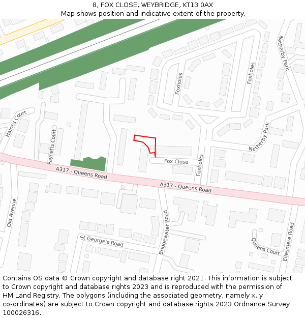 8, FOX CLOSE, WEYBRIDGE, KT13 0AX: Location map and indicative extent of plot