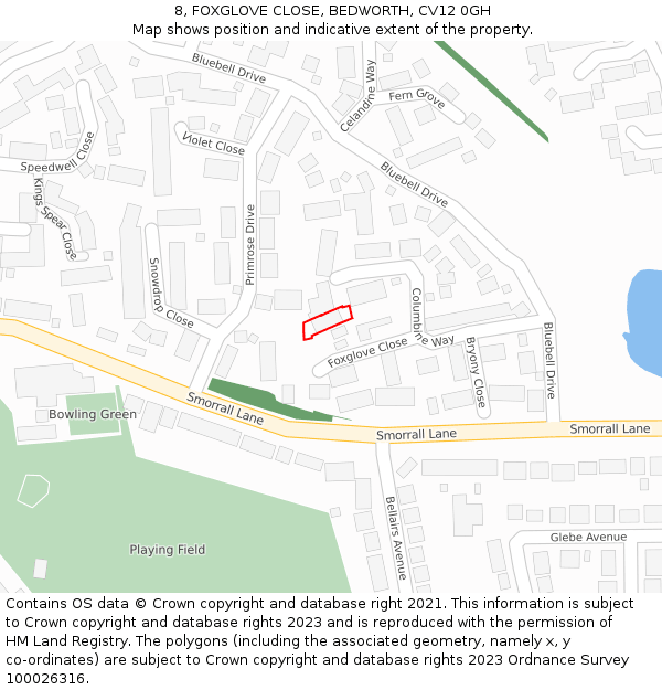 8, FOXGLOVE CLOSE, BEDWORTH, CV12 0GH: Location map and indicative extent of plot