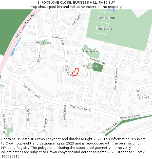 8, FOXGLOVE CLOSE, BURGESS HILL, RH15 8UY: Location map and indicative extent of plot