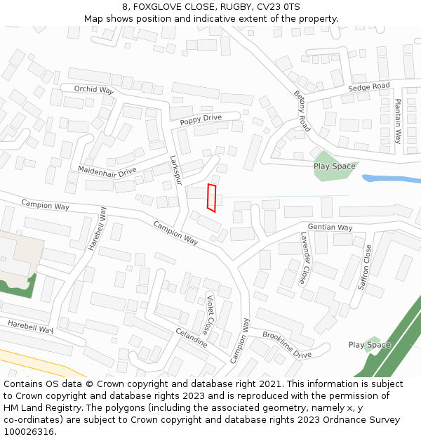 8, FOXGLOVE CLOSE, RUGBY, CV23 0TS: Location map and indicative extent of plot