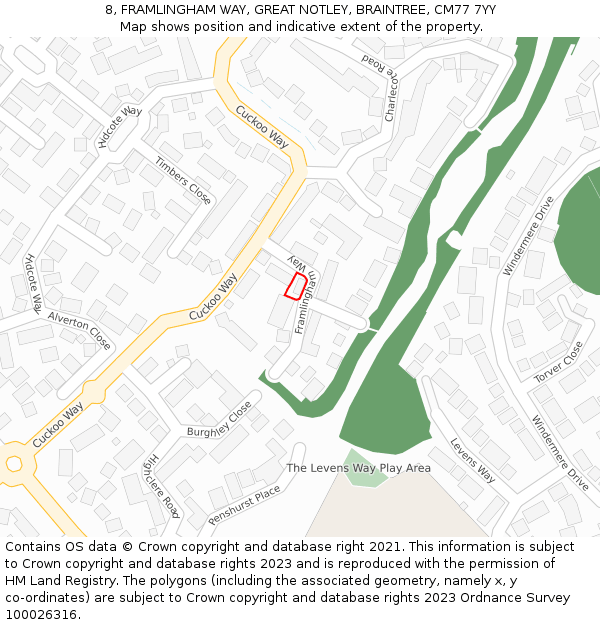 8, FRAMLINGHAM WAY, GREAT NOTLEY, BRAINTREE, CM77 7YY: Location map and indicative extent of plot