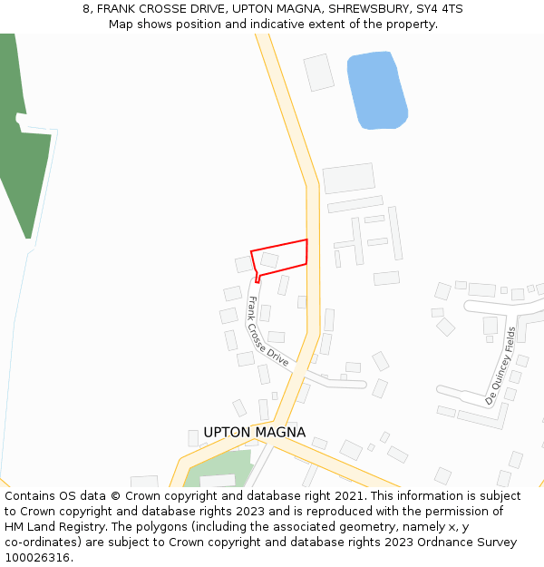 8, FRANK CROSSE DRIVE, UPTON MAGNA, SHREWSBURY, SY4 4TS: Location map and indicative extent of plot