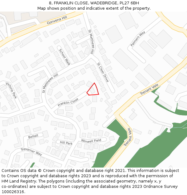 8, FRANKLIN CLOSE, WADEBRIDGE, PL27 6BH: Location map and indicative extent of plot