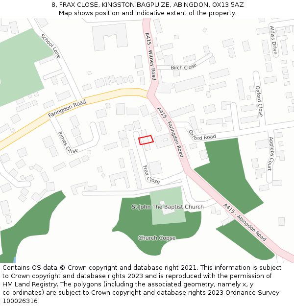 8, FRAX CLOSE, KINGSTON BAGPUIZE, ABINGDON, OX13 5AZ: Location map and indicative extent of plot