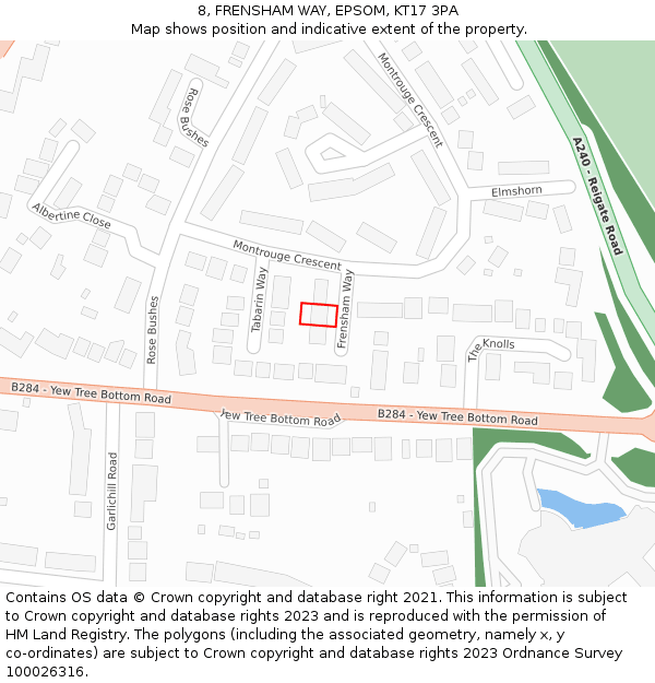 8, FRENSHAM WAY, EPSOM, KT17 3PA: Location map and indicative extent of plot