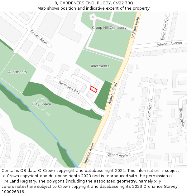 8, GARDENERS END, RUGBY, CV22 7RQ: Location map and indicative extent of plot