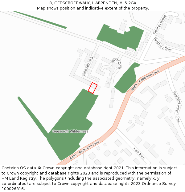 8, GEESCROFT WALK, HARPENDEN, AL5 2GX: Location map and indicative extent of plot