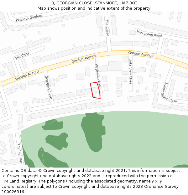 8, GEORGIAN CLOSE, STANMORE, HA7 3QT: Location map and indicative extent of plot