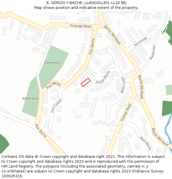 8, GERDDI Y BACHE, LLANGOLLEN, LL20 8EJ: Location map and indicative extent of plot