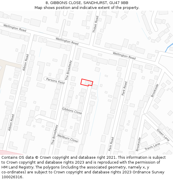 8, GIBBONS CLOSE, SANDHURST, GU47 9BB: Location map and indicative extent of plot