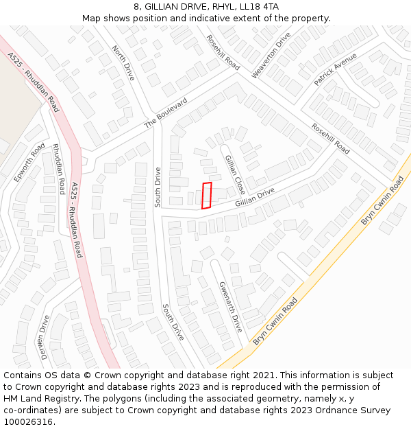 8, GILLIAN DRIVE, RHYL, LL18 4TA: Location map and indicative extent of plot