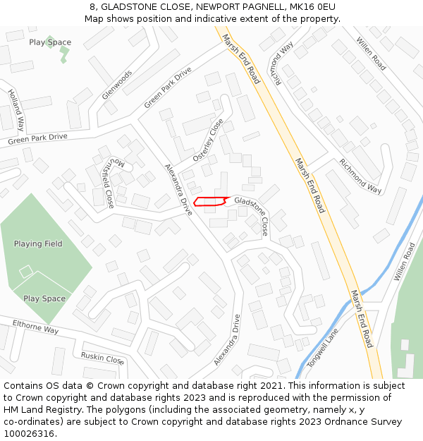 8, GLADSTONE CLOSE, NEWPORT PAGNELL, MK16 0EU: Location map and indicative extent of plot