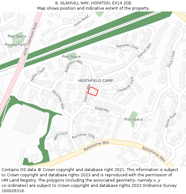8, GLANVILL WAY, HONITON, EX14 2GE: Location map and indicative extent of plot
