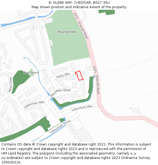 8, GLEBE WAY, CHEDDAR, BS27 3XU: Location map and indicative extent of plot