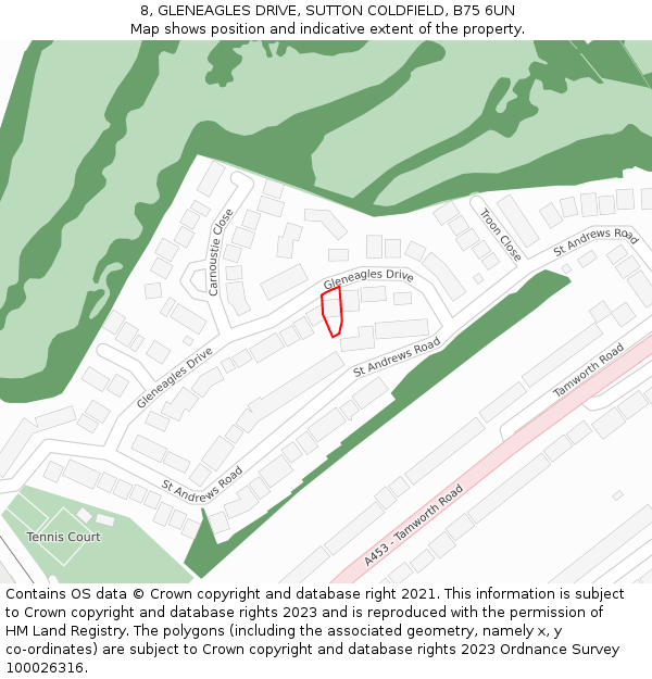 8, GLENEAGLES DRIVE, SUTTON COLDFIELD, B75 6UN: Location map and indicative extent of plot