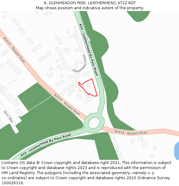 8, GLENHEADON RISE, LEATHERHEAD, KT22 8QT: Location map and indicative extent of plot