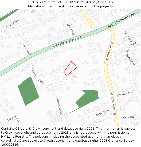 8, GLOUCESTER CLOSE, FOUR MARKS, ALTON, GU34 5HX: Location map and indicative extent of plot