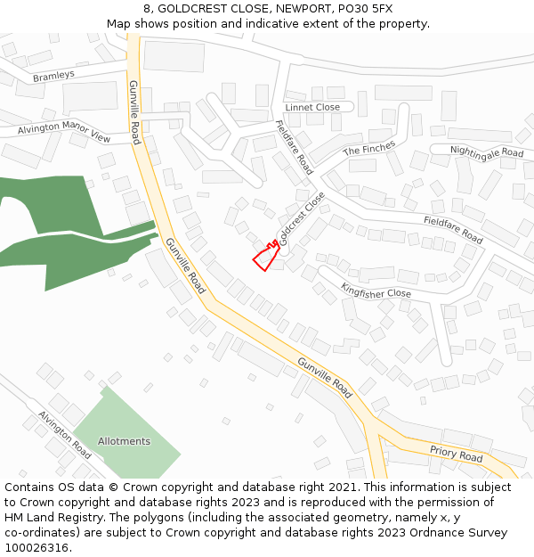 8, GOLDCREST CLOSE, NEWPORT, PO30 5FX: Location map and indicative extent of plot