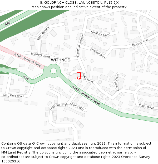 8, GOLDFINCH CLOSE, LAUNCESTON, PL15 9JX: Location map and indicative extent of plot