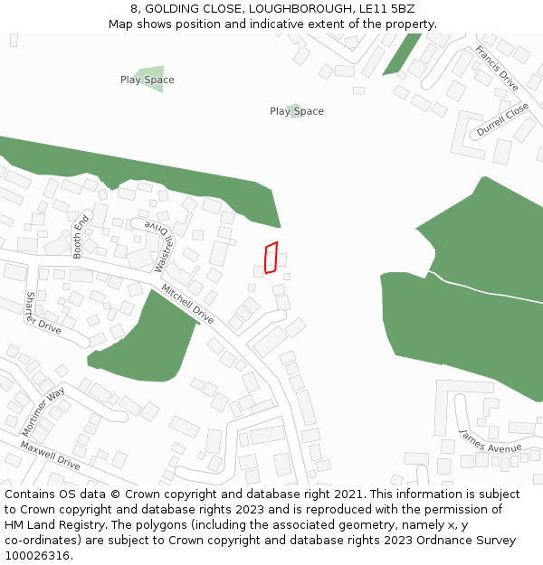 8, GOLDING CLOSE, LOUGHBOROUGH, LE11 5BZ: Location map and indicative extent of plot