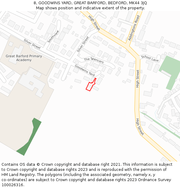 8, GOODWINS YARD, GREAT BARFORD, BEDFORD, MK44 3JQ: Location map and indicative extent of plot