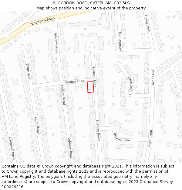 8, GORDON ROAD, CATERHAM, CR3 5LS: Location map and indicative extent of plot