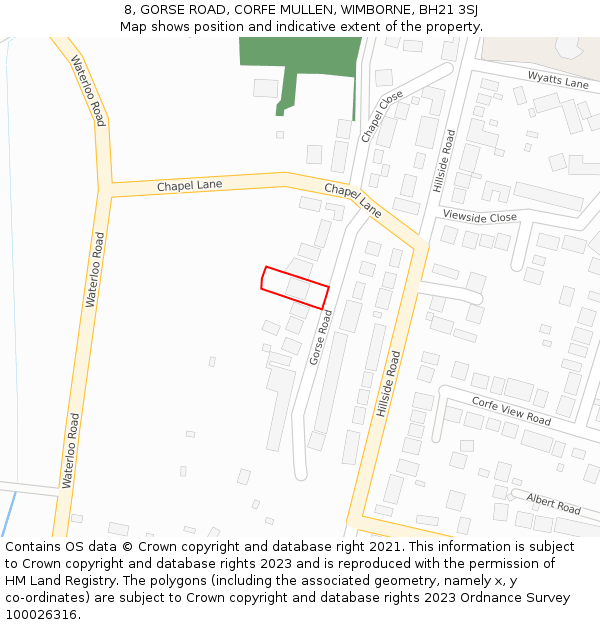 8, GORSE ROAD, CORFE MULLEN, WIMBORNE, BH21 3SJ: Location map and indicative extent of plot