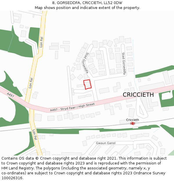 8, GORSEDDFA, CRICCIETH, LL52 0DW: Location map and indicative extent of plot