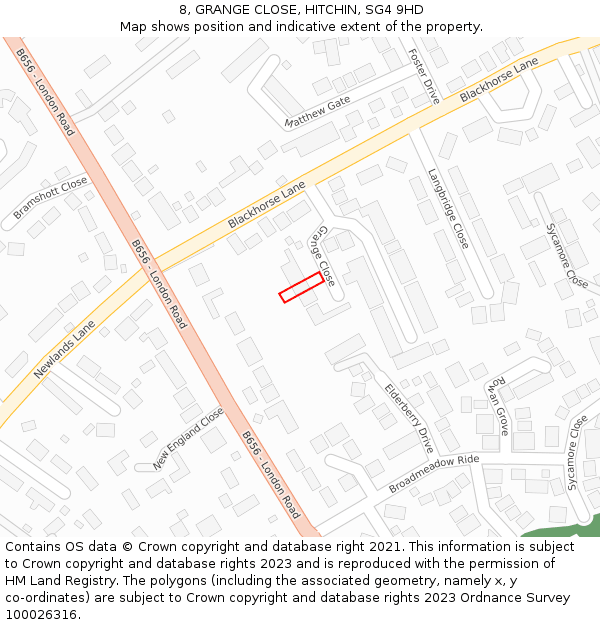 8, GRANGE CLOSE, HITCHIN, SG4 9HD: Location map and indicative extent of plot